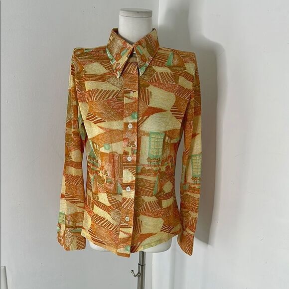 Vintage 70s Sailboat Sunrise Dagger Collar Disco Blouse - Picture 1 of 8